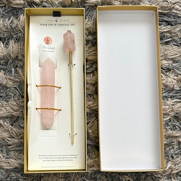 New Luna Norte Love & Healing Rose Quartz Hair Pin & Crystal Set, Gold Hardware